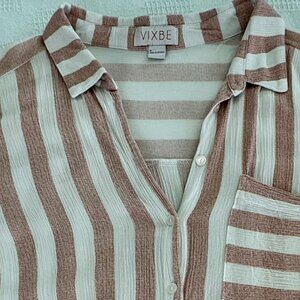 Vixbe Striped Button Front Top XL Blush Cream Tie Front 3/4 Sleeve